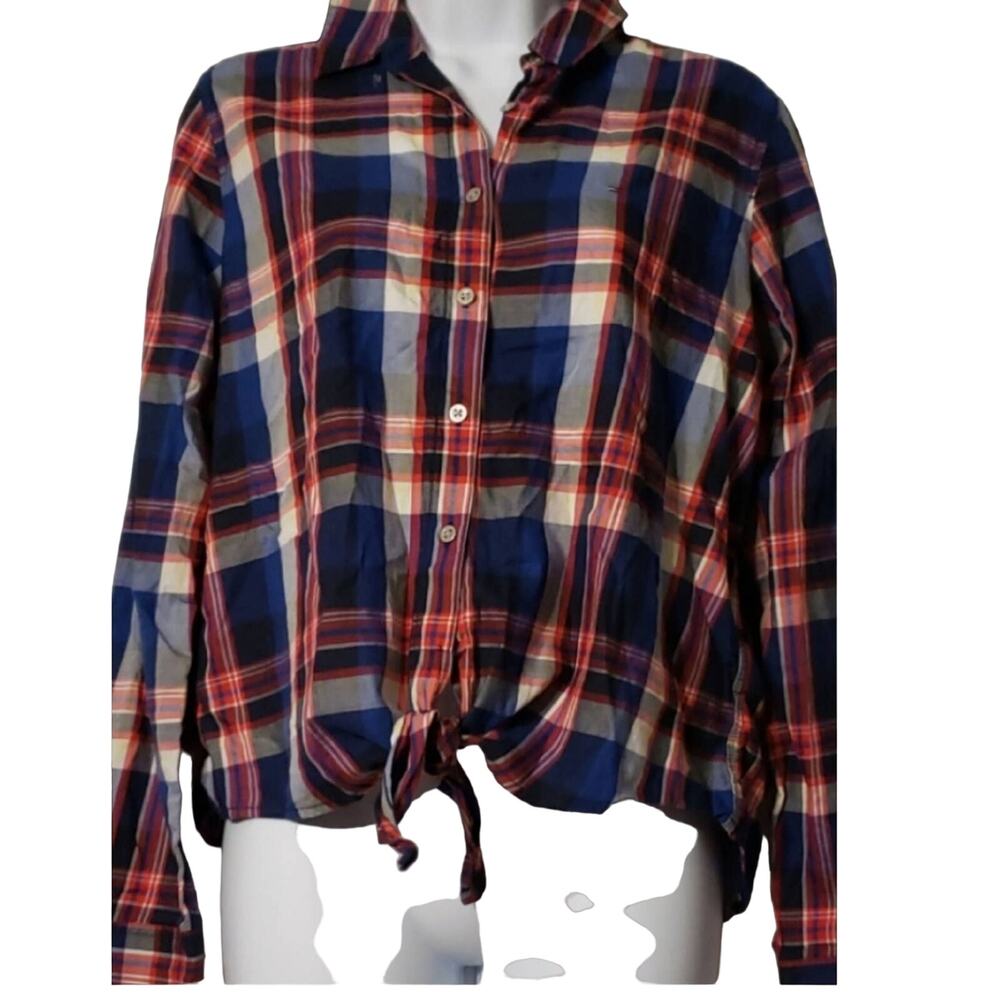 Tommy Hilfiger Front Tie Button Down LS Plaid  Blouse Size M